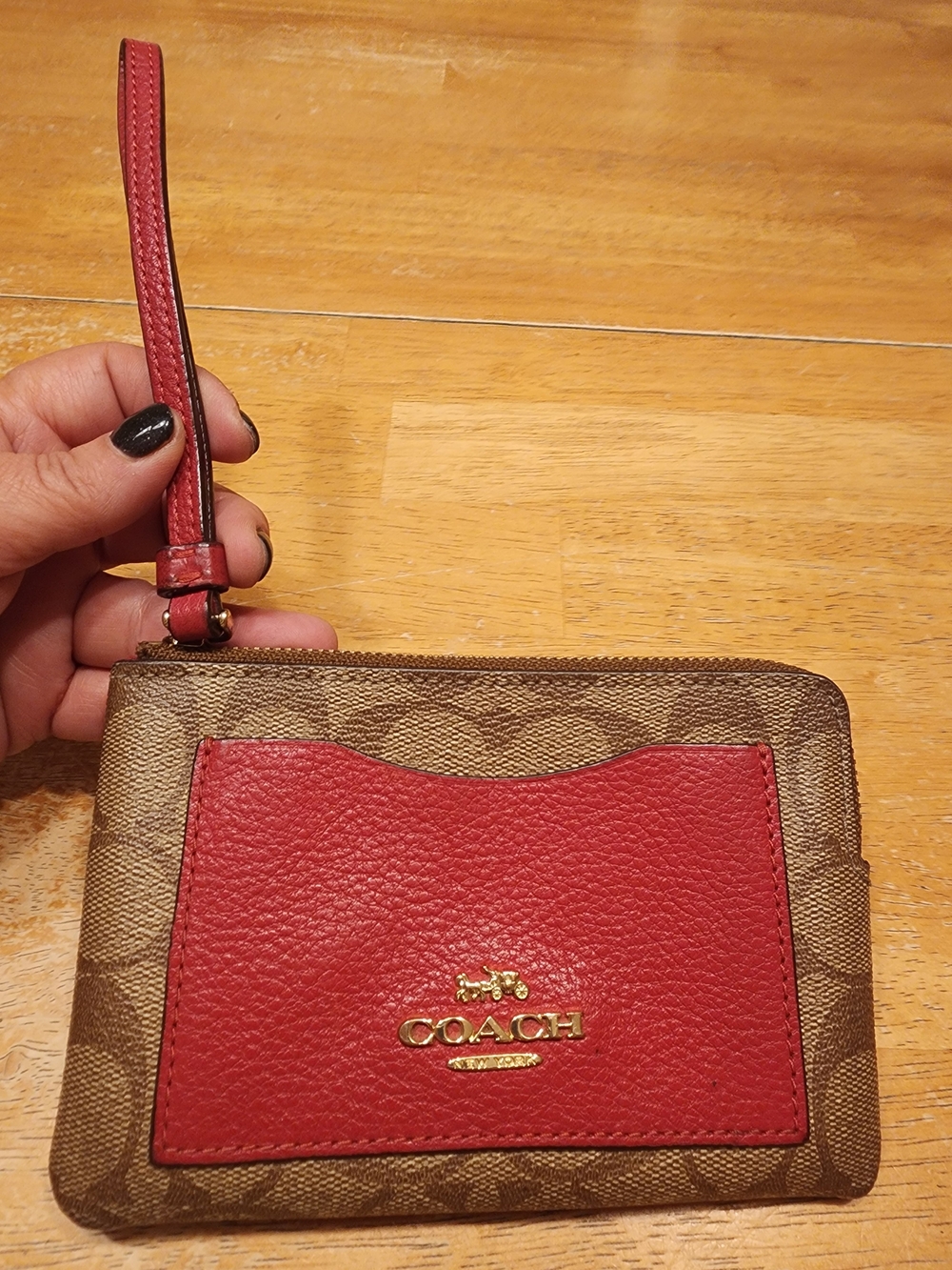 Coach Signature Color Block Corner Zip Wristlet featuring khaki signature coated